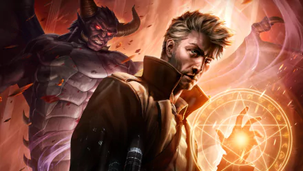 HD PC desktop wallpaper featuring John Constantine conjuring mystical magic with Nergal from DC Comics behind him, inspired by the movie Constantine: City of Demons.