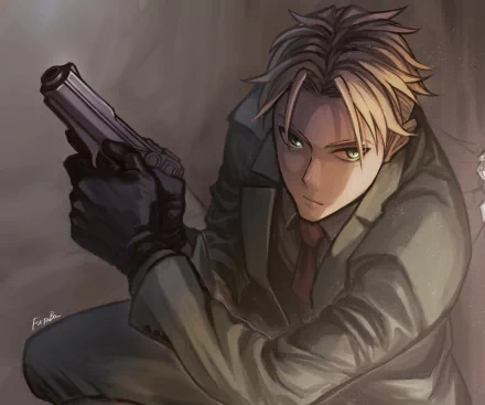 HD anime wallpaper featuring Loid Forger from Spy x Family, depicted in a tense pose holding a handgun, set against a dark, moody background.