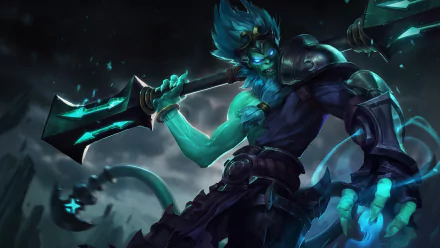 HD desktop wallpaper featuring Wukong from League of Legends, depicted with glowing blue accents and wielding a large battle staff.
