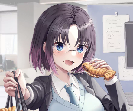 HD PC desktop wallpaper featuring Elma from the anime Miss Kobayashi's Dragon Maid, showcasing her with glasses, a school uniform, and holding a taiyaki.