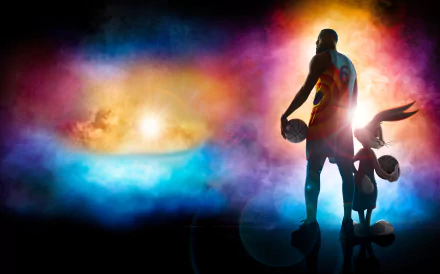 Silhouette of a celebrity basketball star beside Bugs Bunny holding a ball against a vibrant cosmic haze — 4K Ultra HD Space Jam 2 movie desktop wallpaper.