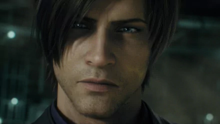 Close-up HD PC desktop wallpaper of Leon S. Kennedy from the TV show Resident Evil: Infinite Darkness, his intense gaze and detailed facial features framed by shadow.
