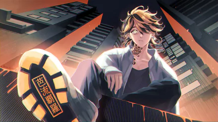 HD anime wallpaper featuring Kazutora Hanemiya from Tokyo Revengers, depicted sitting against a backdrop of towering city buildings at dusk.