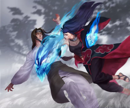 HD anime wallpaper featuring Neji Hyūga and Hinata Hyuga from Naruto, showcasing their Byakugan powers with Akatsuki-themed elements and dynamic energy effects.