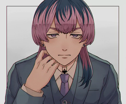 Rindo Haitani from Tokyo Revengers, anime HD PC desktop wallpaper: stern expression, purple-pink hair, suit and tie, hand near his jaw against a pale background.