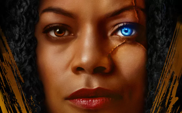 2K Quad HD desktop wallpaper: cinematic close-up of a woman with braided hair, one glowing blue eye and cracked skin, themed on the movie Venom: Let There Be Carnage.