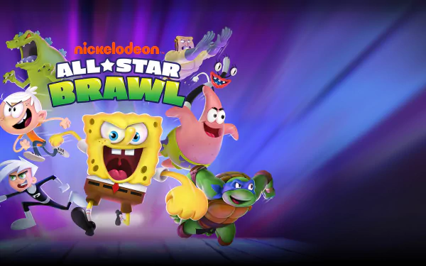 HD Wallpaper of Nickelodeon All-Star Brawl featuring animated characters SpongeBob, Patrick, and others with a vibrant background.