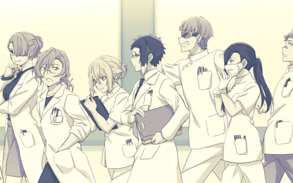 HD wallpaper of Bungou Stray Dogs characters Michizō Tachihara, Kōyō Ozaki, Chuya Nakahara, Ōgai Mori, Motojirō Kajii, Ryūrō Hirotsu, Ichiyō Higuchi, Elise, Ryūnosuke and Gin Akutagawa in lab coats.