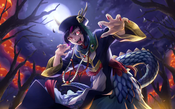 HD PC wallpaper of Lilia Vanrouge from the Twisted Wonderland video game: serpentine, demon-like figure with purple hair and fanged grin reaching forward under a full moon in a haunted forest.