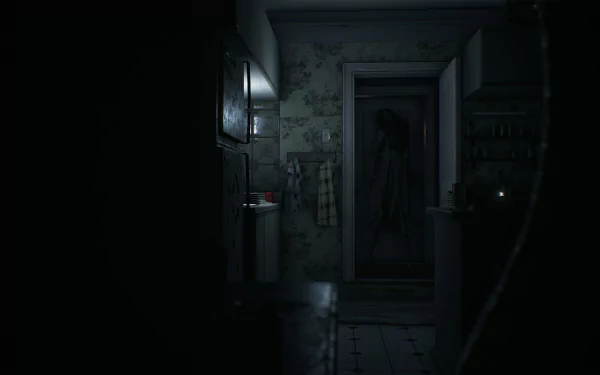 An eerie HD desktop wallpaper featuring a dark, unsettling corridor from the video game Visage, highlighting shadows and a mysterious presence at the end of the hallway.