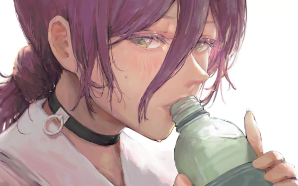 Reze (Chainsaw Man) anime close-up drinking from a bottle, purple hair and choker, soft painterly lighting — 4K Ultra HD PC Desktop Wallpaper and Background.