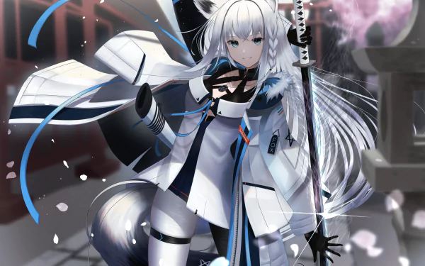 4K Ultra HD anime wallpaper of Shirakami Fubuki, a Virtual YouTuber from Hololive, featuring dynamic pose and futuristic design elements.