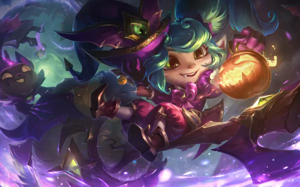4K Ultra HD PC desktop wallpaper of Poppy (League of Legends): a teal‑haired yordle in a purple hat holding a glowing jack‑o'lantern amid vibrant video game fantasy art.