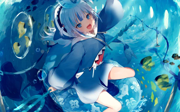 Gawr Gura, a Virtual YouTuber from hololive, depicted in vibrant 4K Ultra HD anime style underwater scene for PC desktop wallpaper and background.