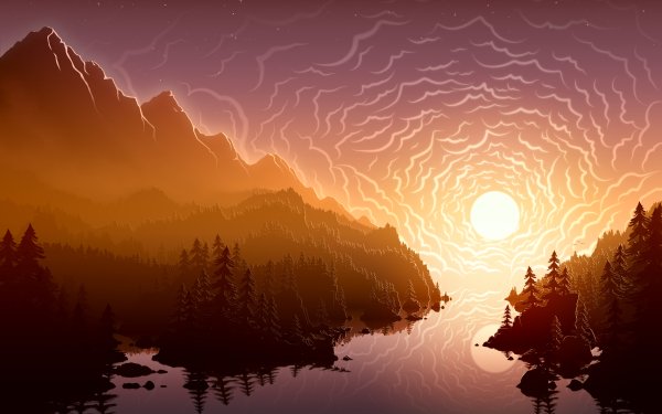 Fantasy Landscape Mountain Sun Forest River HD Wallpaper | Background Image