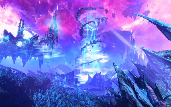 HD PC desktop wallpaper from the video game Total War: Warhammer III, depicting a vibrant, mystical landscape with floating structures and glowing purple-blue hues.