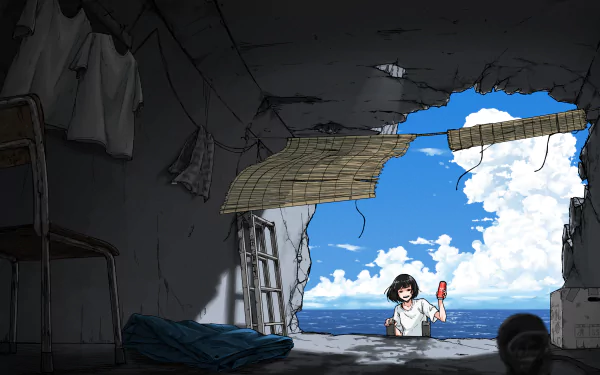HD anime desktop wallpaper depicting a post-apocalyptic scene with a girl standing beneath a broken roof opening, revealing a bright blue sky and clouds outside.