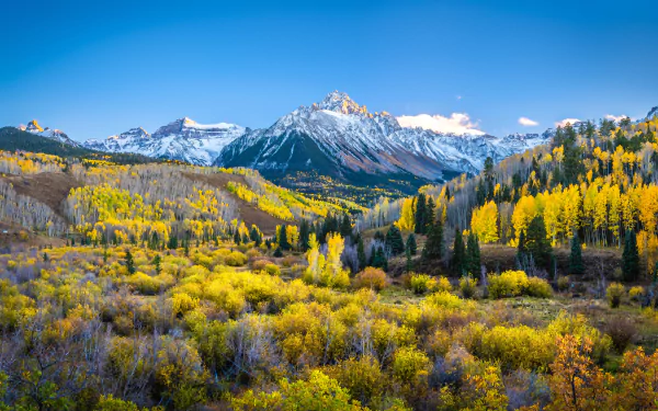 4K Ultra HD desktop wallpaper featuring a panoramic fall landscape with vibrant yellow foliage and towering snow-capped mountains under a clear blue sky.