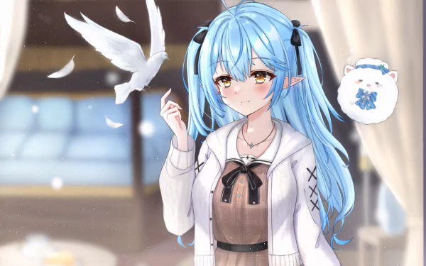 2K Quad HD PC wallpaper: hololive VTuber Yukihana Lamy — blue twin‑tailed anime girl in a cardigan and dress, indoors with a white dove and drifting feathers, soft warm lighting.