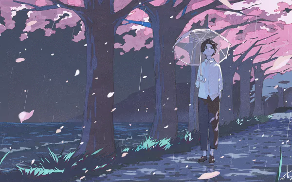 Anime boy holding an umbrella walks along a tree-lined path with pink blossoms falling, captured in a vibrant HD PC desktop wallpaper background.