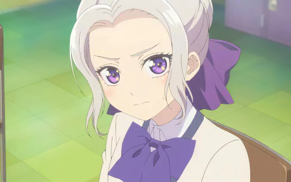 Shino Kiryuu from Kanojo mo Kanojo is featured in this vibrant 4K Ultra HD anime PC desktop wallpaper with soft lighting and expressive purple eyes.