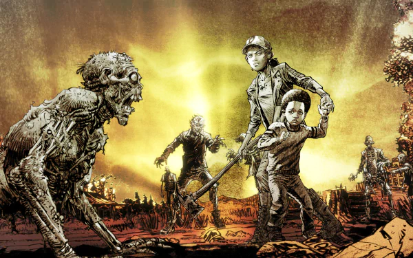 HD PC desktop wallpaper depicting Clementine and AJ from The Walking Dead: The Final Season video game, surrounded by zombies in a dramatic, apocalyptic scene.