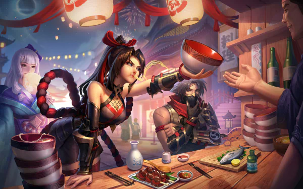 4K PC wallpaper of Kagura, Hayabusa and Hanabi (Mobile Legends: Bang Bang) sharing drinks and street food beneath lanterns at a lively festival stall.