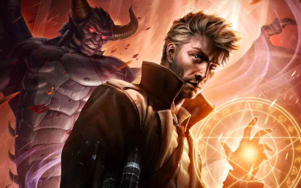 HD PC desktop wallpaper featuring John Constantine conjuring mystical magic with Nergal from DC Comics behind him, inspired by the movie Constantine: City of Demons.
