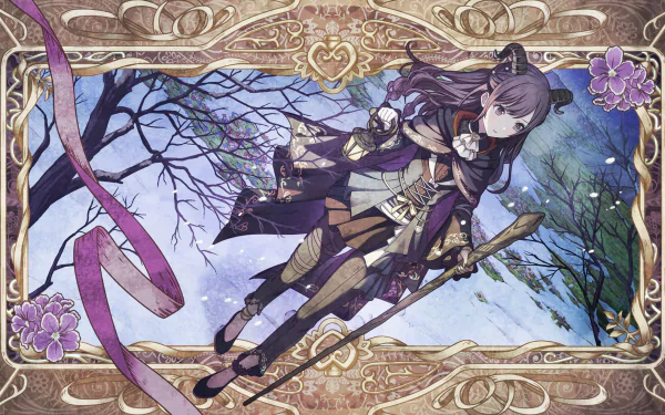 Ena Shinonome from Project Sekai: Colorful Stage! feat. Hatsune Miku — ornate fantasy outfit, holding a staff, floating before a snowy twilight forest with a gold decorative frame. HD desktop wallpaper.