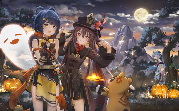 halloween Qiqi (Genshin Impact) Guoba (Genshin Impact) Xiangling (Genshin Impact) Hu Tao video game Genshin Impact HD Desktop Wallpaper | Background Image
