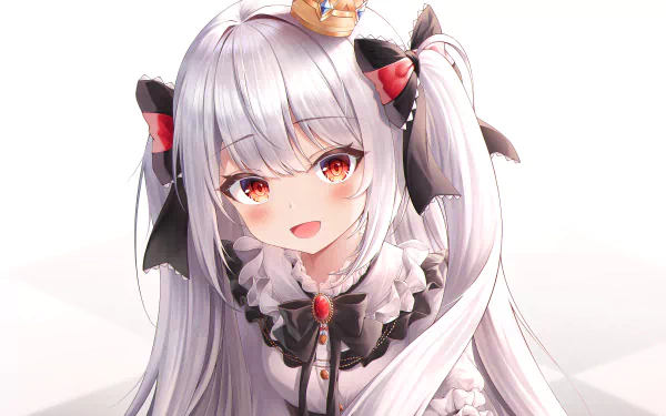 4K Ultra HD PC desktop wallpaper of an anime girl with long white hair in twin tails, red eyes, frilly black-and-white outfit and small crown, smiling against a soft white background.