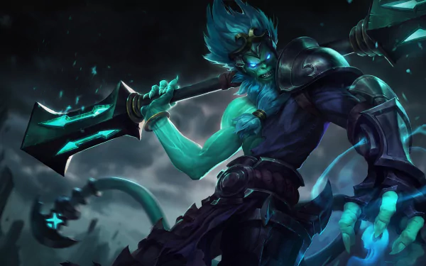 HD desktop wallpaper featuring Wukong from League of Legends, depicted with glowing blue accents and wielding a large battle staff.
