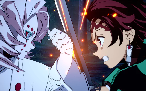 4K Ultra HD wallpaper featuring Tanjiro Kamado from the video game Demon Slayer -Kimetsu no Yaiba- The Hinokami Chronicles in an intense battle scene.