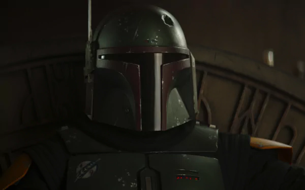 HD desktop wallpaper featuring Boba Fett from the TV show The Book of Boba Fett in dark, atmospheric lighting.