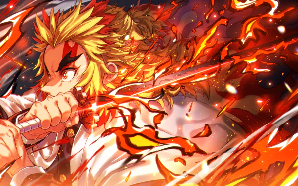 HD desktop wallpaper of Kyojuro Rengoku from the anime Demon Slayer: Kimetsu no Yaiba, depicting him in an action scene with fiery, dynamic effects.