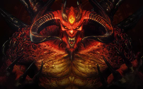 HD desktop wallpaper of Diablo II: Resurrected featuring a menacing creature with prominent horns and a fiery color palette.
