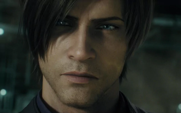 Close-up HD PC desktop wallpaper of Leon S. Kennedy from the TV show Resident Evil: Infinite Darkness, his intense gaze and detailed facial features framed by shadow.