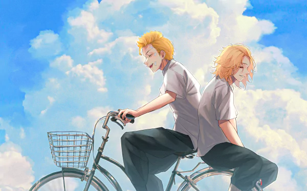 HD anime desktop wallpaper featuring Mikey Manjiro Sano and Takemichi Hanagaki from Tokyo Revengers against a bright blue sky with fluffy clouds.
