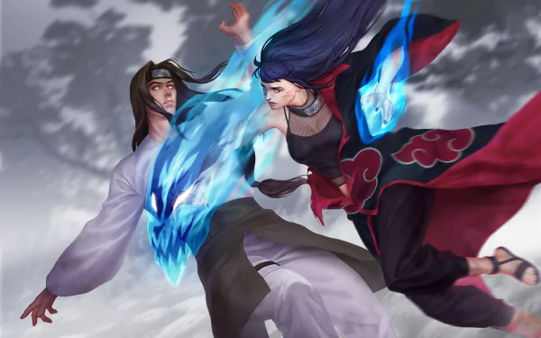 HD anime wallpaper featuring Neji Hyūga and Hinata Hyuga from Naruto, showcasing their Byakugan powers with Akatsuki-themed elements and dynamic energy effects.