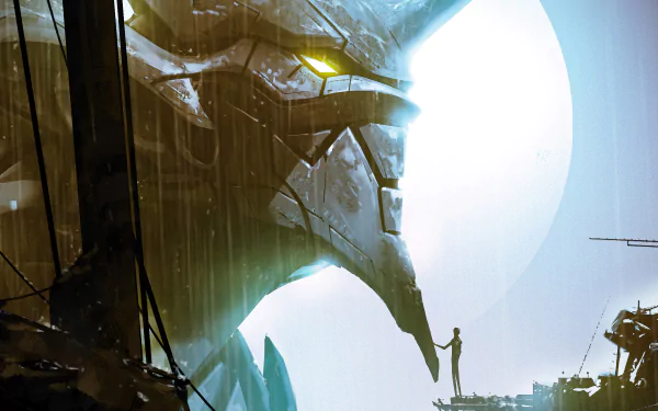 Evangelion Unit-01 from Neon Genesis Evangelion stands towering, silhouetted against a bright moonlit background in this detailed 4K Ultra HD anime desktop wallpaper.