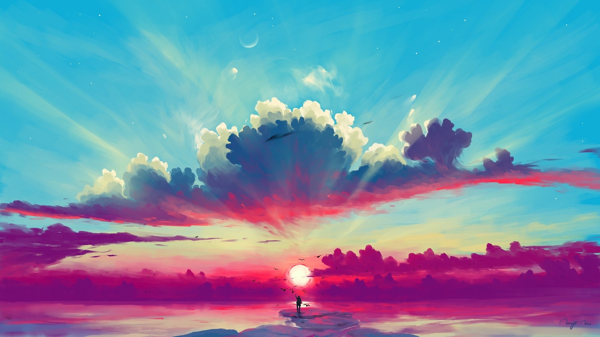 HD artistic desktop wallpaper featuring vibrant clouds and a colorful sky at sunset with a small silhouetted figure standing near the horizon.