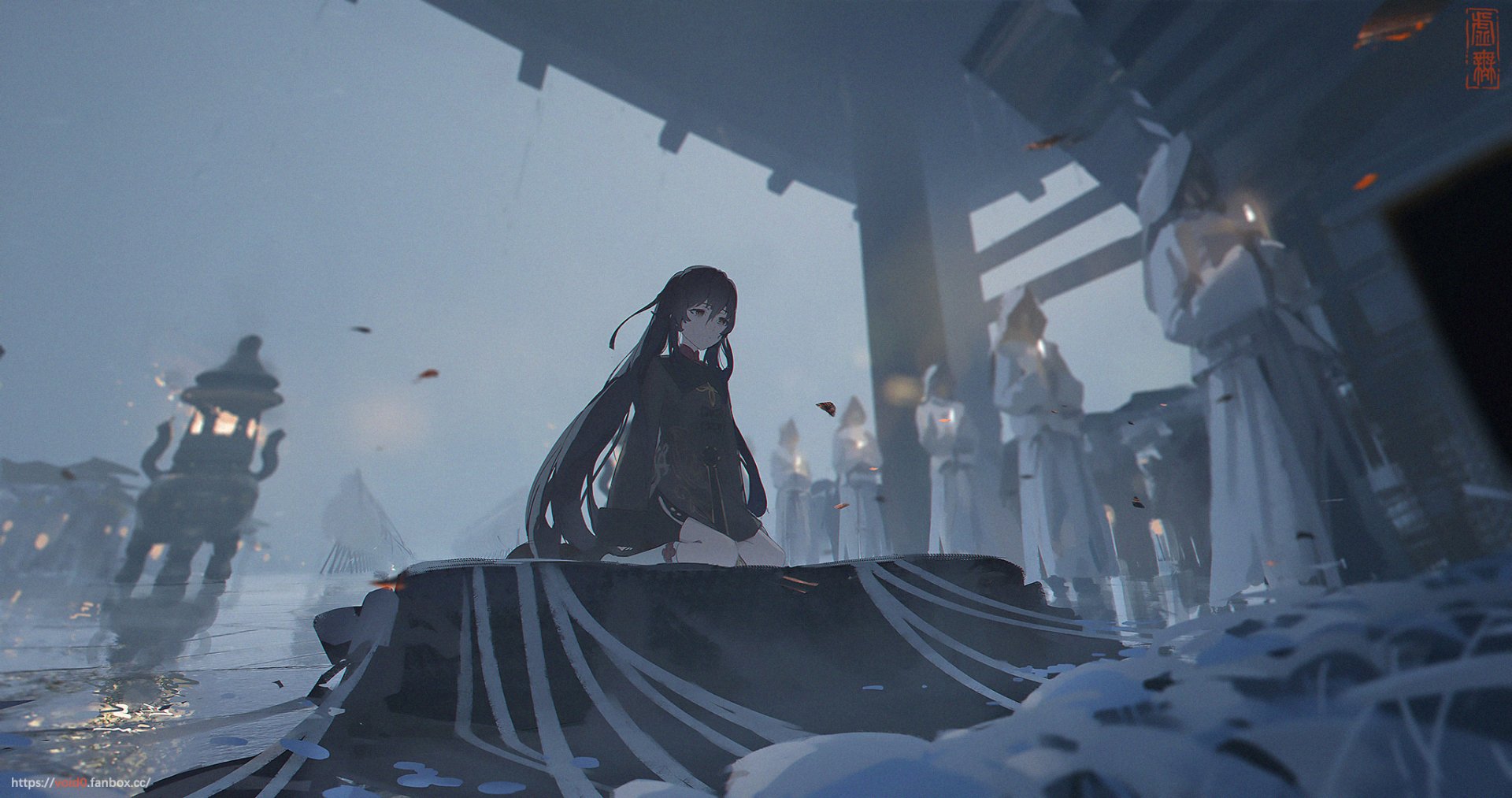 HD PC desktop wallpaper featuring Hu Tao from the video game Genshin Impact, set in a misty, atmospheric scene with lanterns and traditional architecture.