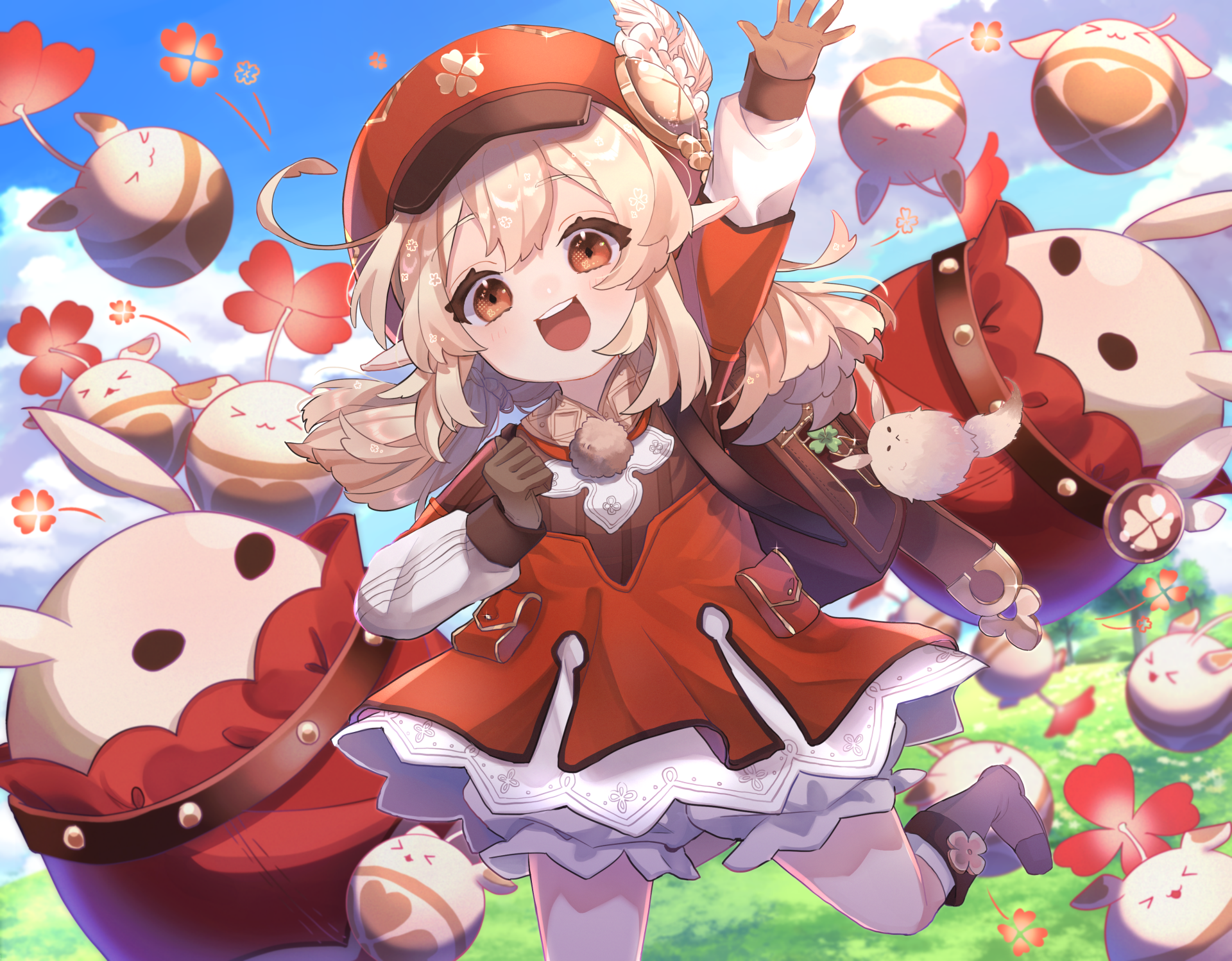 Klee from Genshin Impact is featured in this vibrant 4K Ultra HD PC desktop wallpaper, surrounded by playful explosive creatures in the colorful video game world.