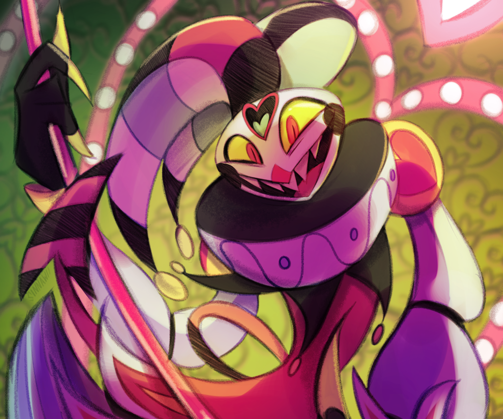 HD PC desktop wallpaper featuring Fizzarolli from the TV show Helluva Boss with vibrant colors and dynamic composition.