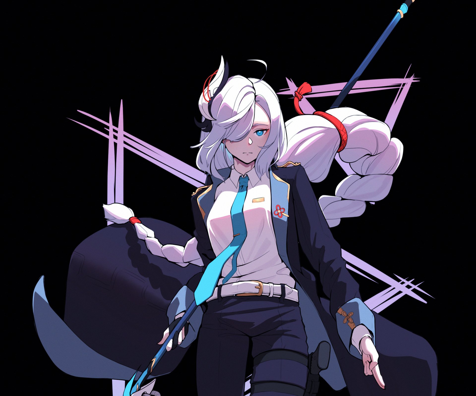 HD PC desktop wallpaper featuring Shenhe from the video game Genshin Impact, showcasing her iconic white hair, blue tie, and detailed outfit against a black background.