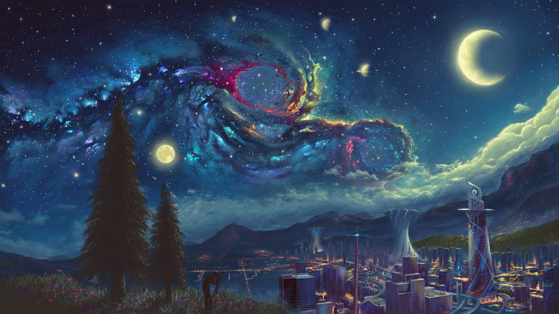 HD wallpaper featuring a sci-fi cityscape at night with a vibrant galactic sky, twinkling stars, and a luminous crescent moon, set against a mountainous landscape.