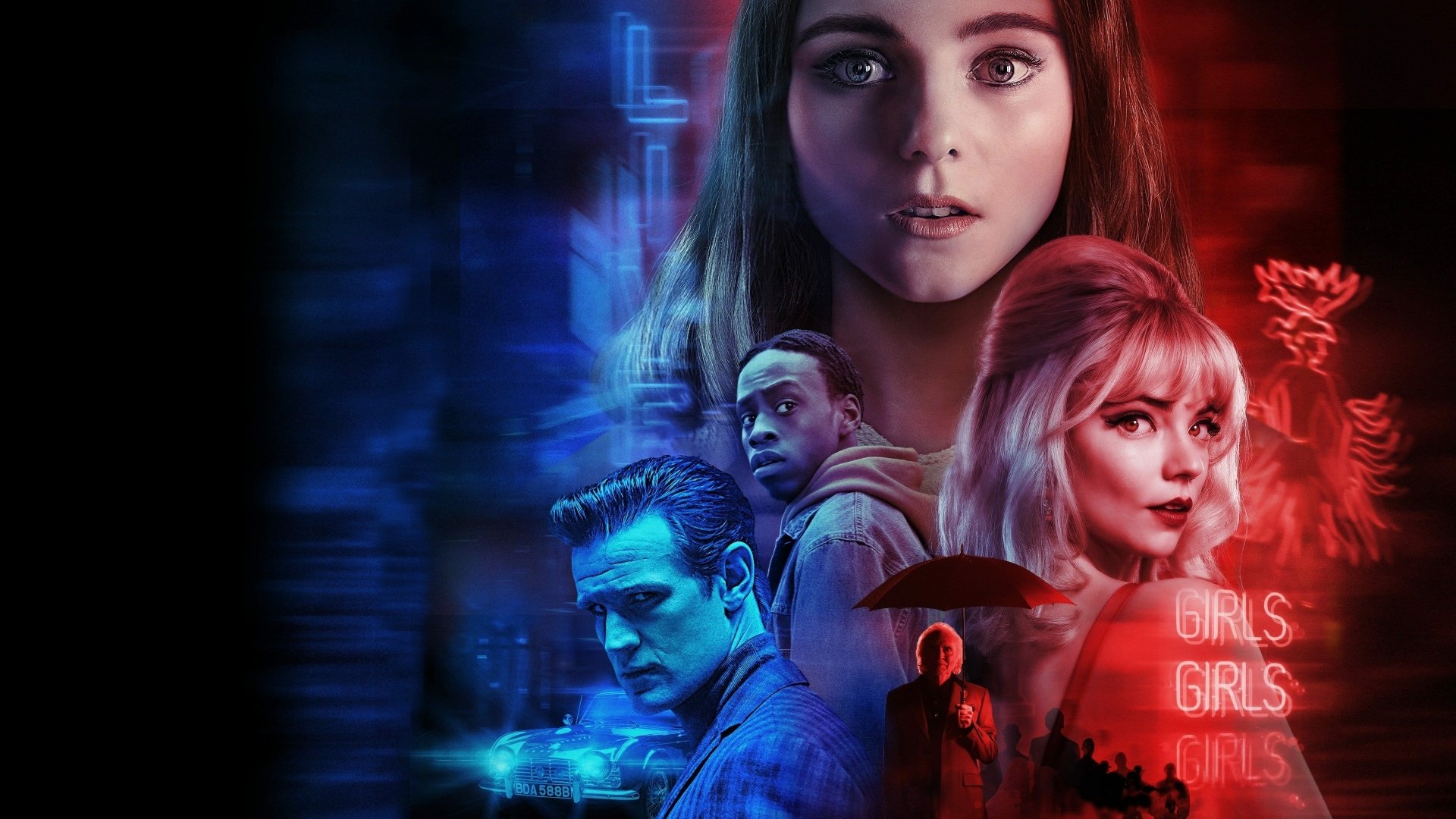 4K Ultra HD wallpaper featuring Matt Smith, Thomasin McKenzie, and Anya Taylor-Joy from the movie Last Night in Soho with vibrant blue and red neon lights.