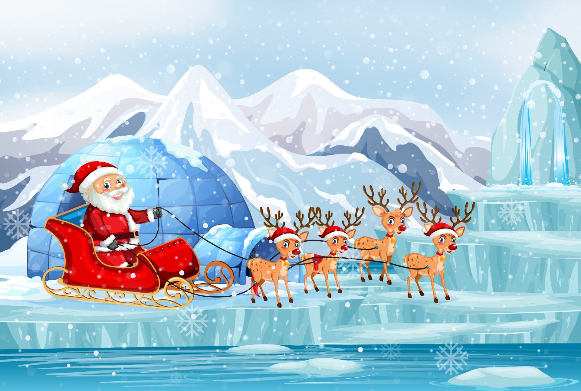 4K Ultra HD holiday wallpaper featuring Santa in a sleigh pulled by reindeer, set against snowy mountains and icy landscapes, capturing the spirit of Christmas.