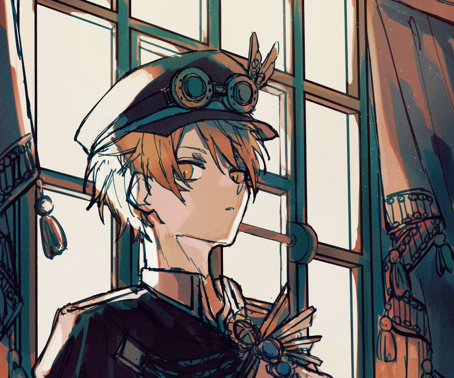 HD PC desktop wallpaper featuring Tenma Tsukasa from the video game Project Sekai: Colorful Stage! feat. Hatsune Miku, depicted in detailed anime style by a window.