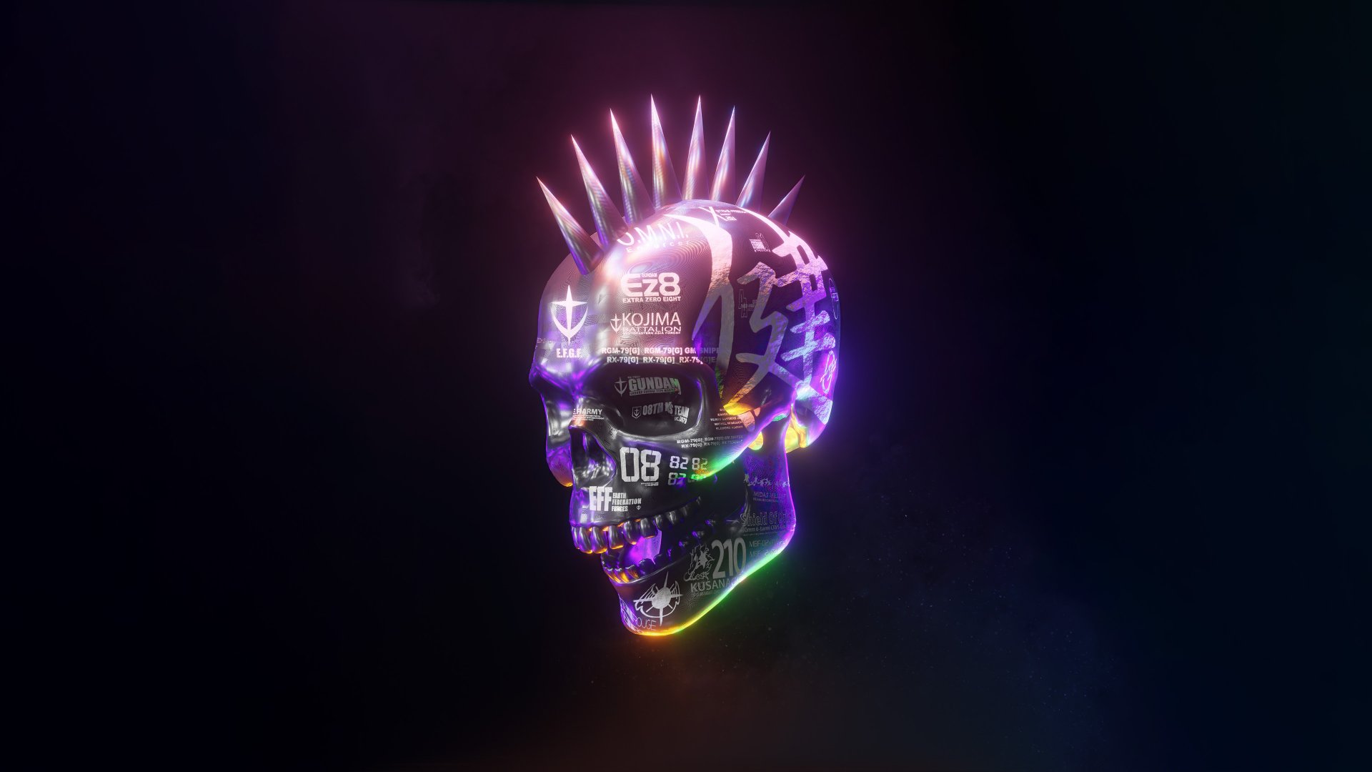 Dark cyberpunk skull with neon circuitry and spiked crown, glowing multicolor accents on a black background — 4K Ultra HD PC desktop wallpaper.